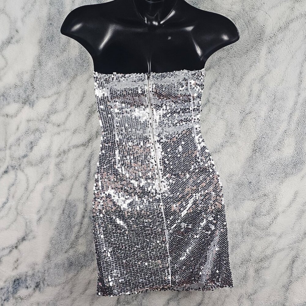 Dolls Kill Mable Small Double Bow Cutout Silver Sequin MiniDress - Picture 2 of 7